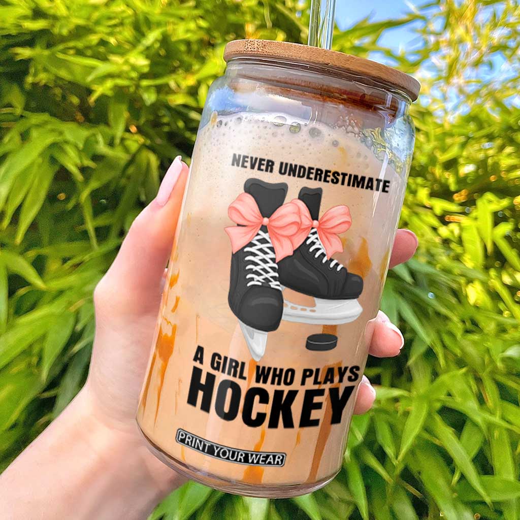 Never Underestimate A Girl Hockey Player Gift Idea Glass Can TS12 White Print Your Wear