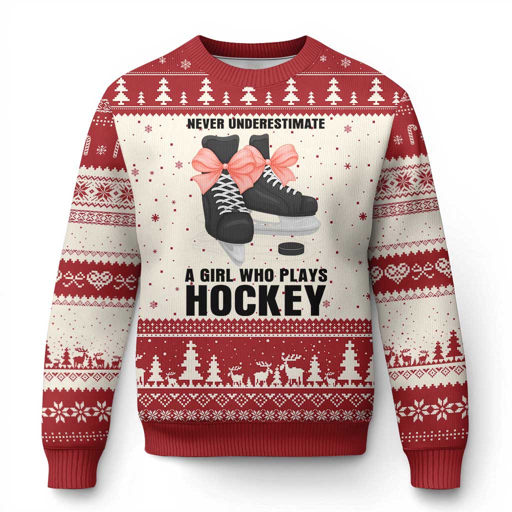 Never Underestimate A Girl Hockey Player Gift Idea Ugly Christmas Sweater TS12 Beige Red Print Your Wear