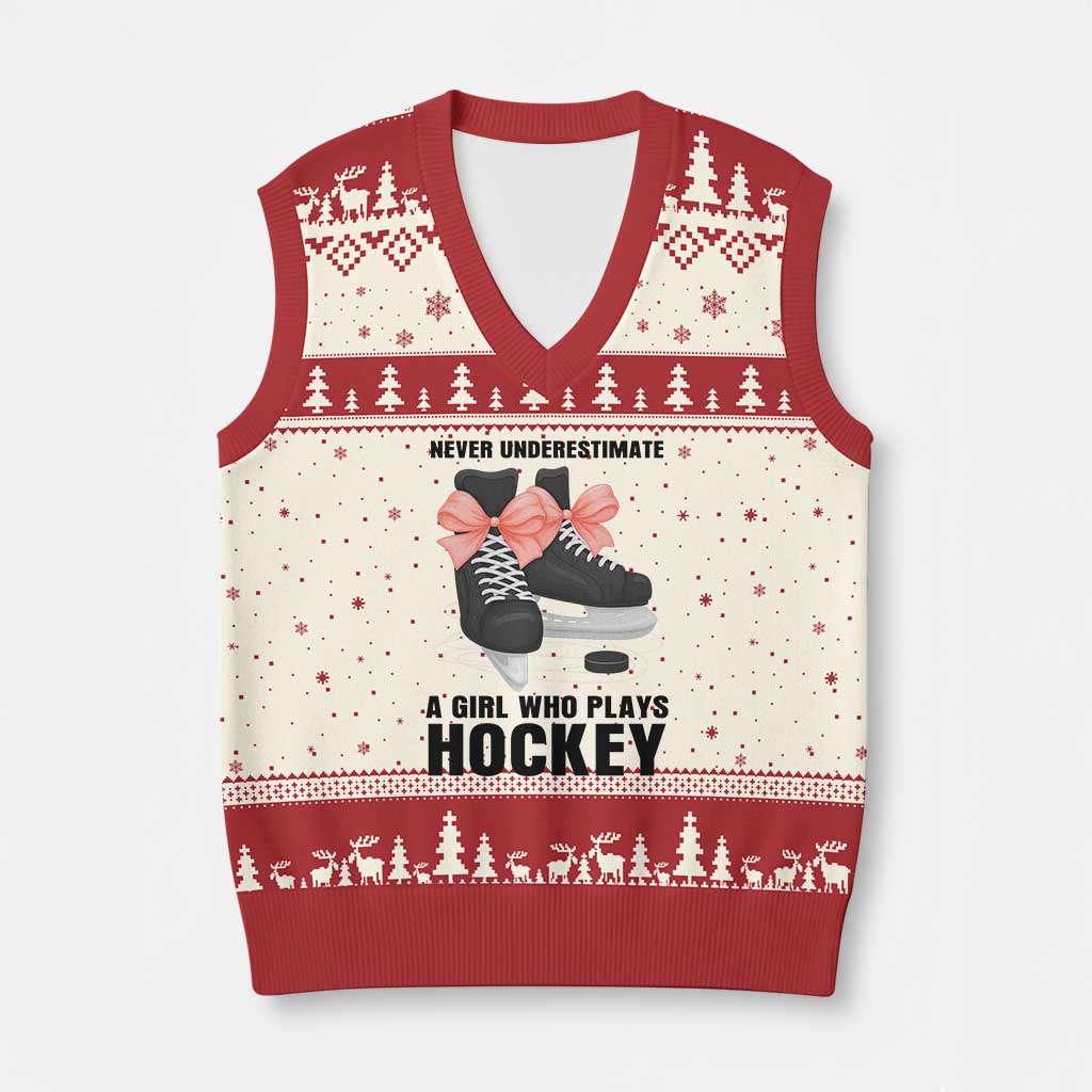 Never Underestimate A Girl Hockey Player Gift Idea V-Neck Knit Sweater Vest TS12 Beige Red Print Your Wear