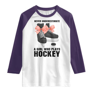 Never Underestimate A Girl Hockey Player Gift Idea Raglan Shirt TS12 White Purple Print Your Wear