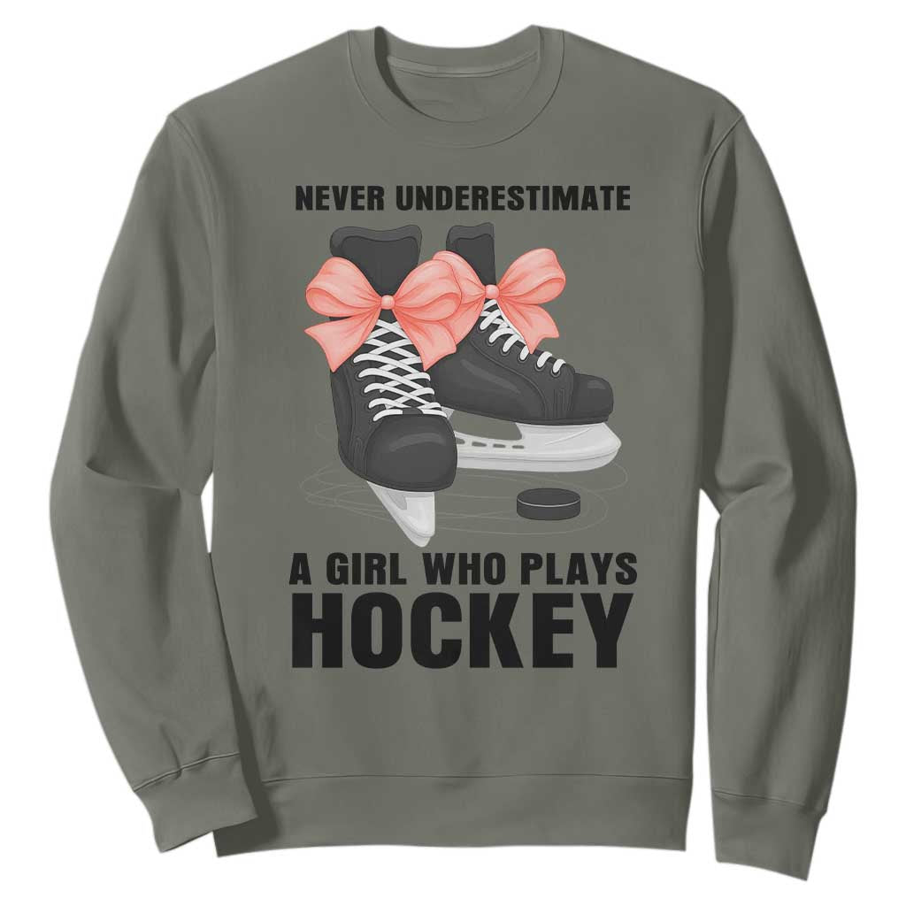Never Underestimate A Girl Hockey Player Gift Idea Sweatshirt TS12 Military Green Print Your Wear
