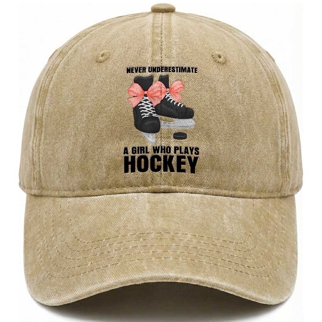 Never Underestimate A Girl Hockey Player Gift Idea Washed Cotton Baseball Cap TS12 Print Your Wear