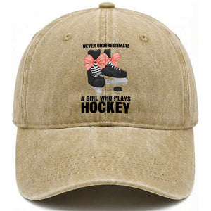 Never Underestimate A Girl Hockey Player Gift Idea Washed Cotton Baseball Cap TS12 Print Your Wear