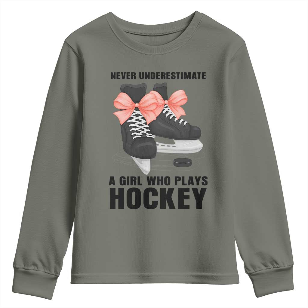 Never Underestimate A Girl Hockey Player Gift Idea Youth Sweatshirt TS12 Military Green Print Your Wear