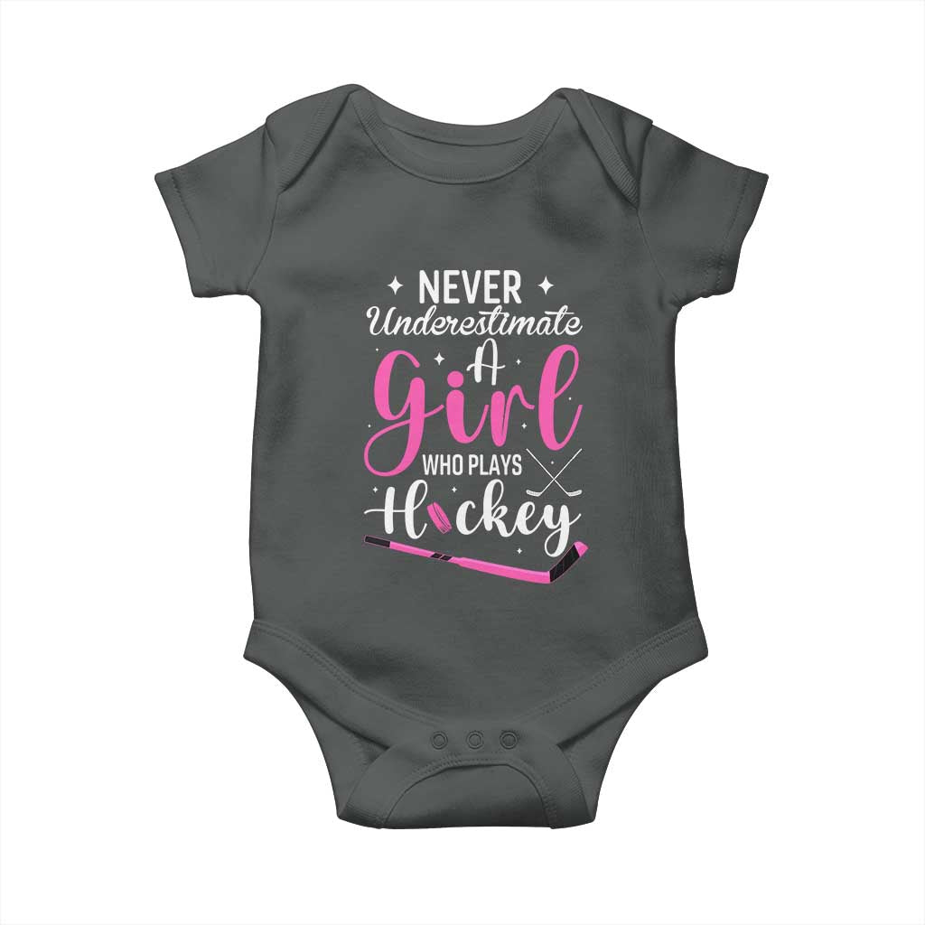 Never Underestimate A Girl Who Plays Hockey Baby Onesie Sports Lover Gift TS12 Dark Heather Print Your Wear