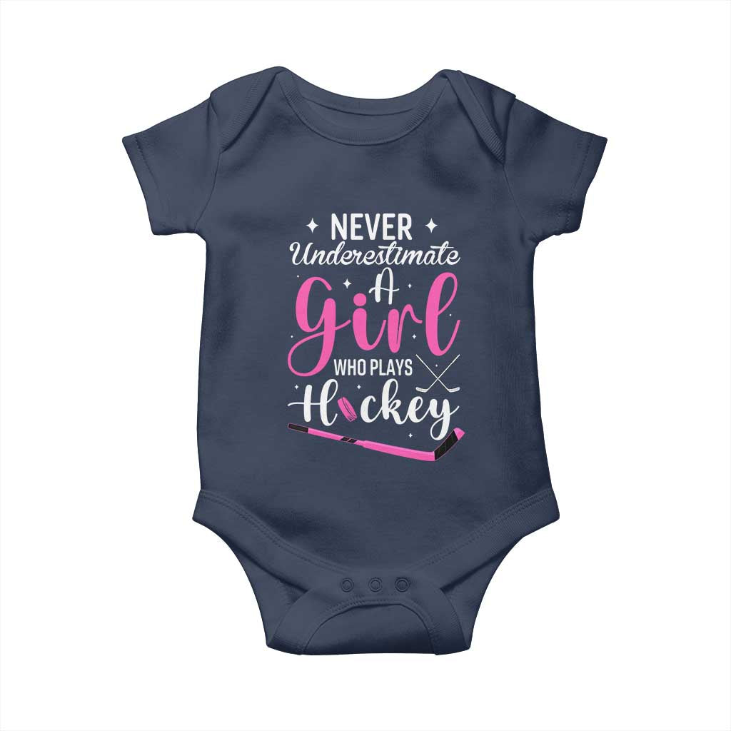Never Underestimate A Girl Who Plays Hockey Baby Onesie Sports Lover Gift TS12 Navy Print Your Wear