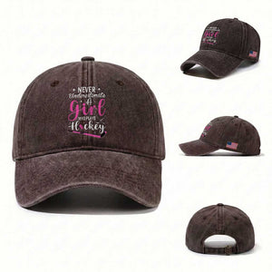 Never Underestimate A Girl Who Plays Hockey Washed Cotton Baseball Cap Sports Lover Gift TS12 Washed Cap Universal Fit Dark Brown Print Your Wear