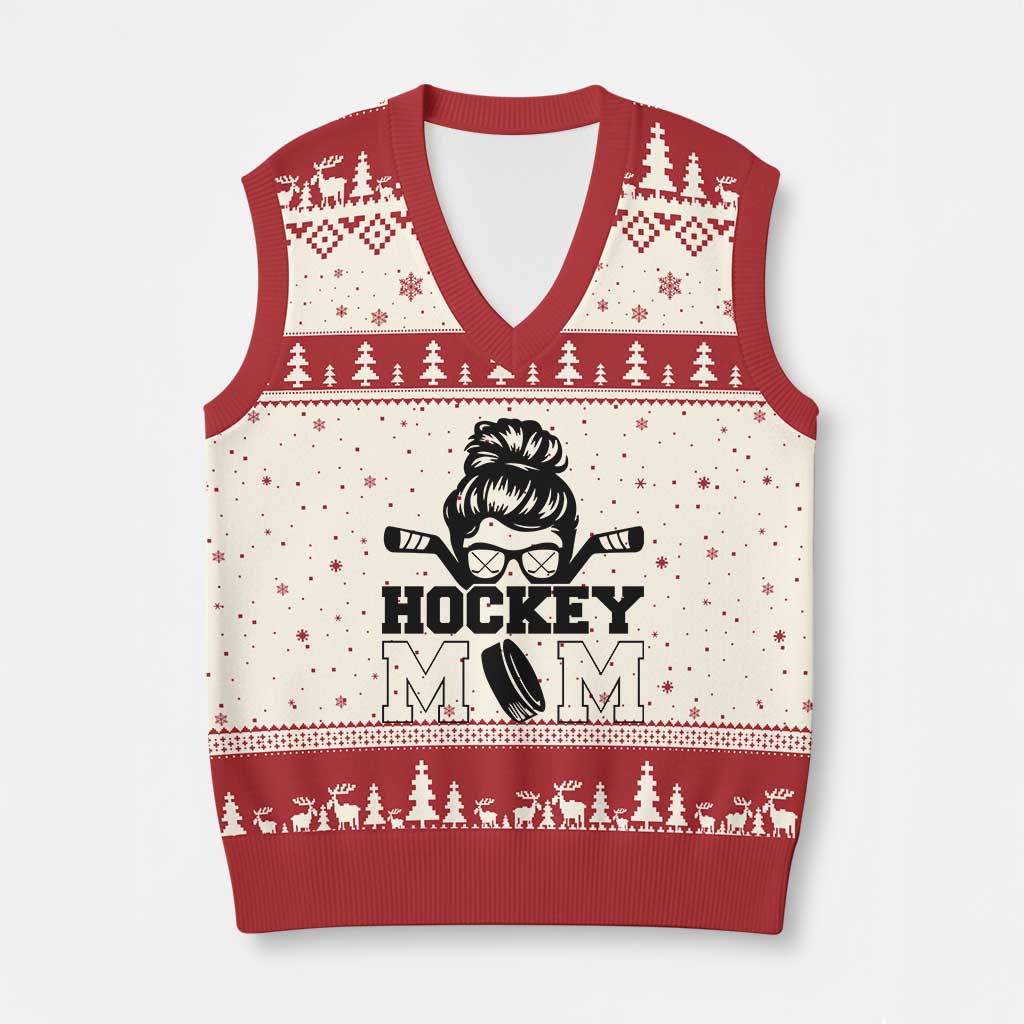 Funny Hockey Mom Quote V-Neck Knit Sweater Vest Gift For Hockey Lovers TS12 Beige Red Print Your Wear