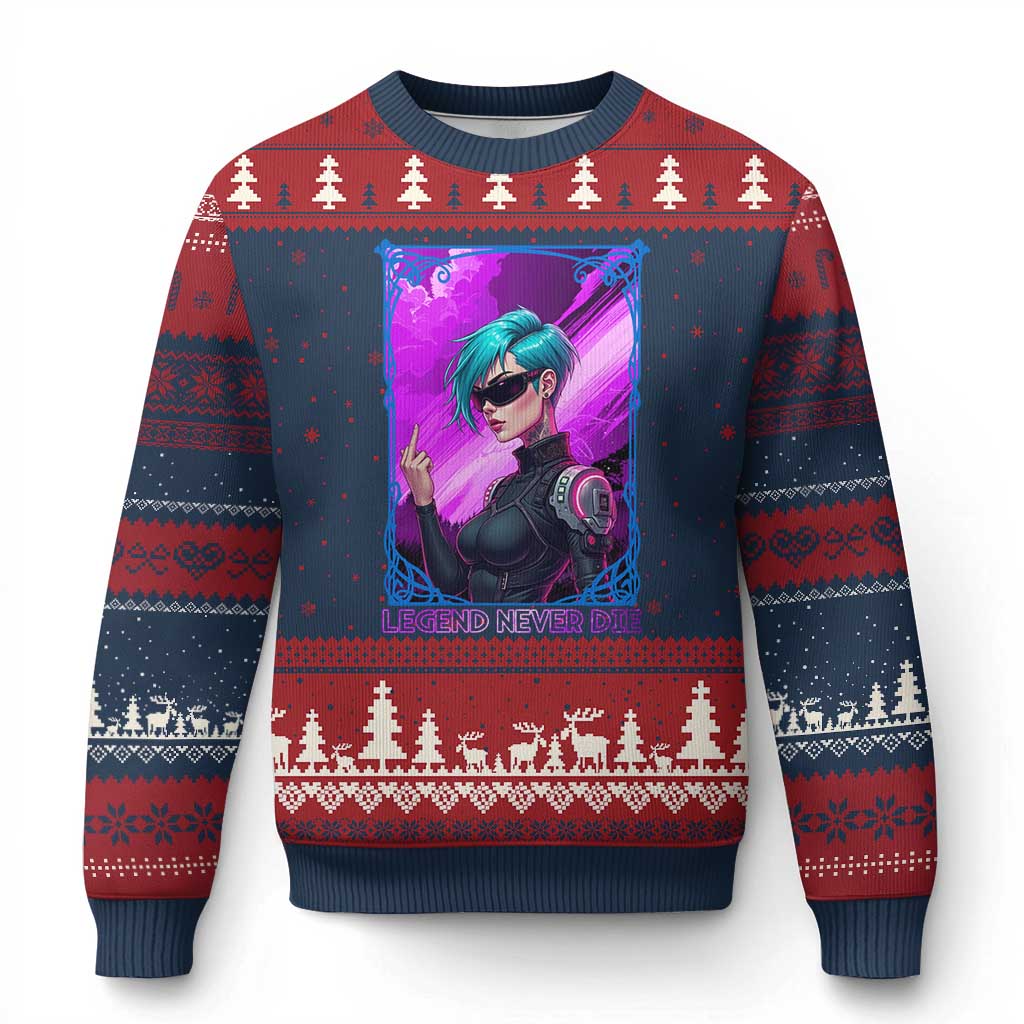 Cyberpunk Girl Legend Never Die Ugly Christmas Sweater Gaming Aesthetic Gift TS12 Navy Red Print Your Wear