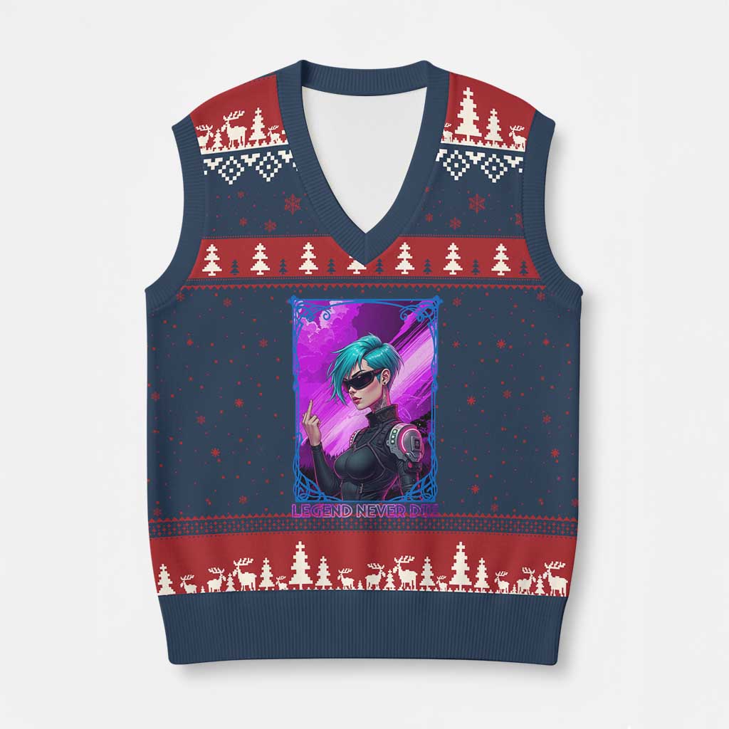 Cyberpunk Girl Legend Never Die V-Neck Knit Sweater Vest Gaming Aesthetic Gift TS12 Navy Red Print Your Wear
