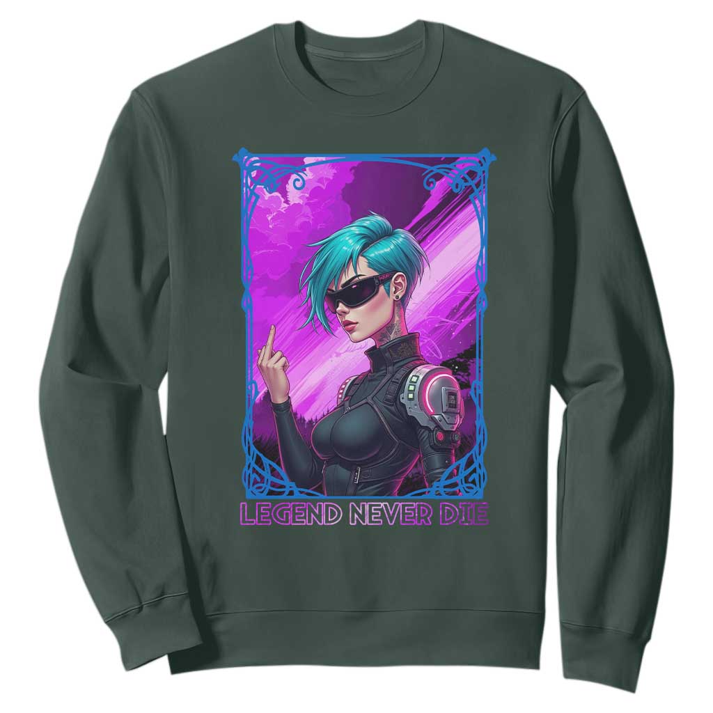 Cyberpunk Girl Legend Never Die Sweatshirt Gaming Aesthetic Gift TS12 Dark Forest Green Print Your Wear