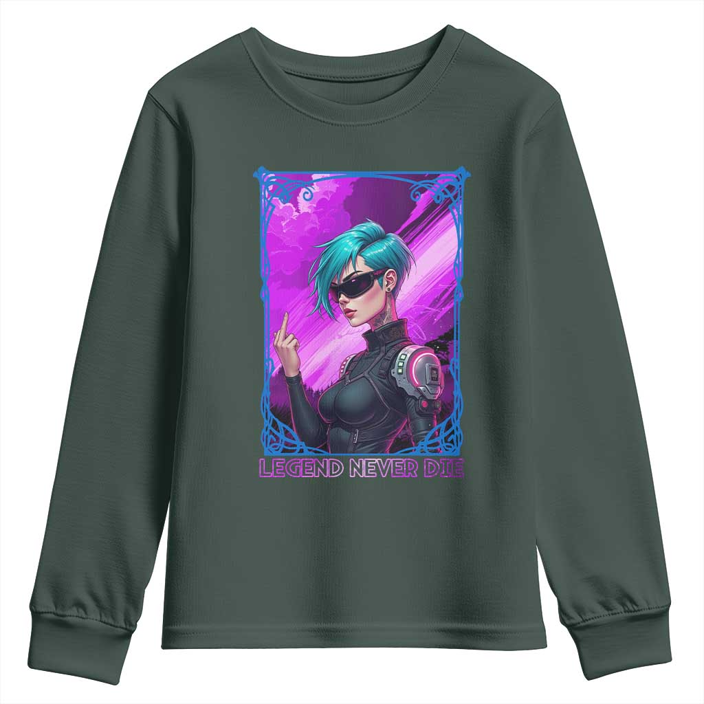 Cyberpunk Girl Legend Never Die Youth Sweatshirt Gaming Aesthetic Gift TS12 Dark Forest Green Print Your Wear
