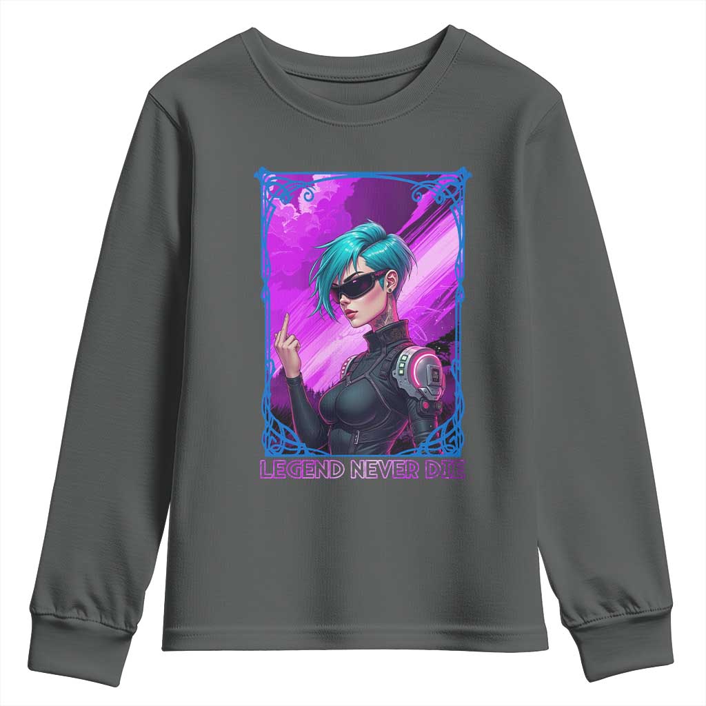Cyberpunk Girl Legend Never Die Youth Sweatshirt Gaming Aesthetic Gift TS12 Dark Heather Print Your Wear