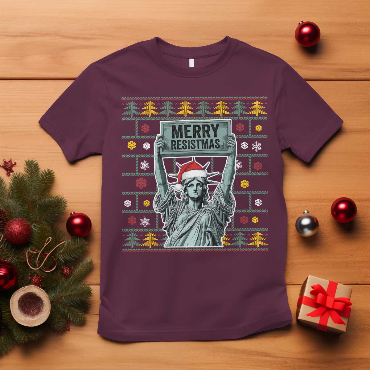 Funny Liberty Statue Ugly Sweater Gift T Shirt Merry Resistmas TS12 Maroon Print Your Wear