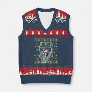 Funny Liberty Statue Ugly Sweater Gift V-Neck Knit Sweater Vest Merry Resistmas TS12 Navy Red Print Your Wear