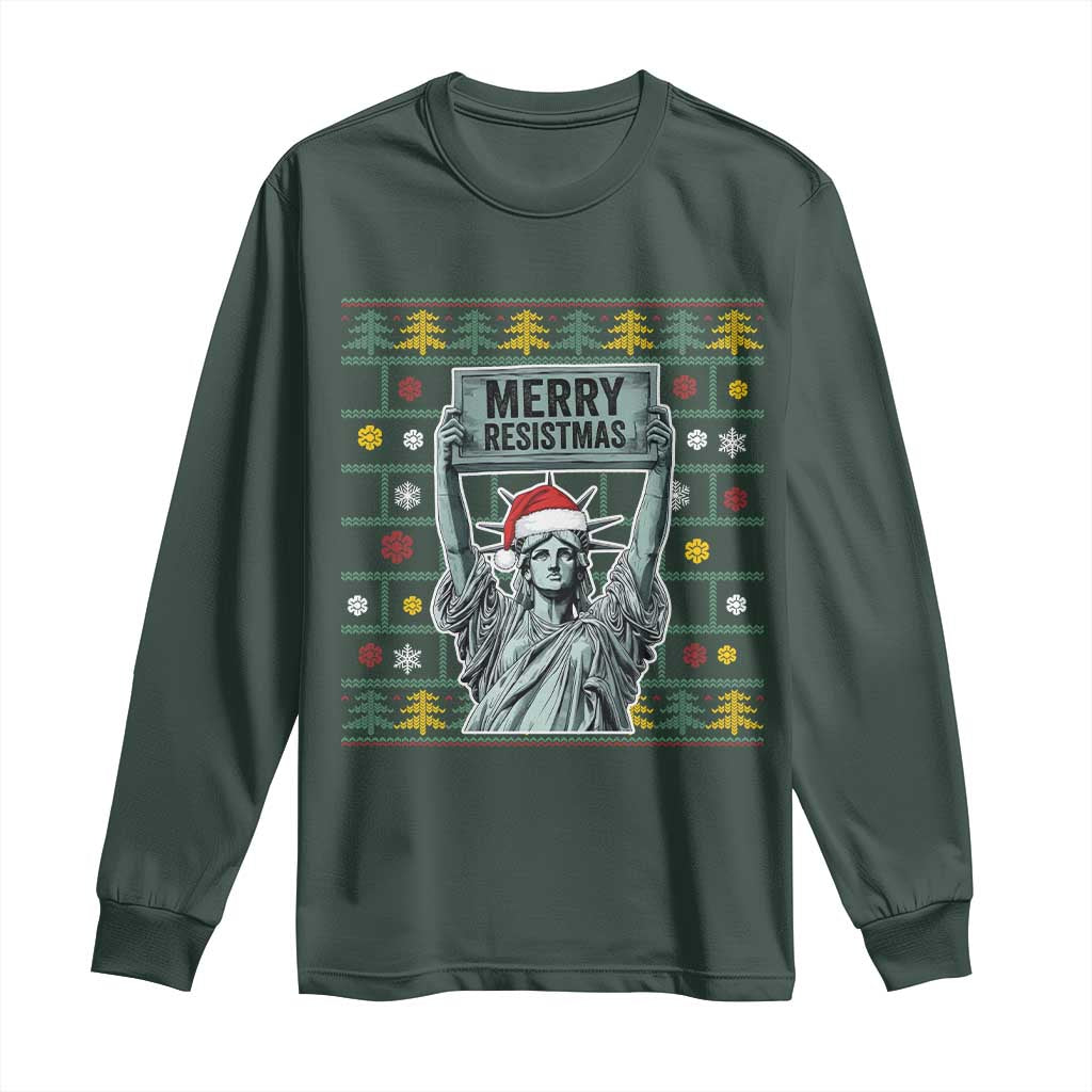 Funny Liberty Statue Ugly Sweater Gift Long Sleeve Shirt Merry Resistmas TS12 Dark Forest Green Print Your Wear