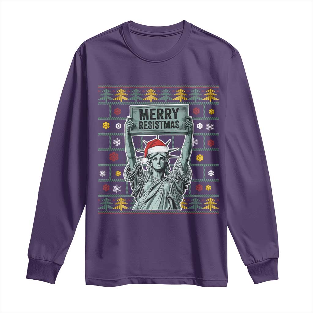 Funny Liberty Statue Ugly Sweater Gift Long Sleeve Shirt Merry Resistmas TS12 Purple Print Your Wear