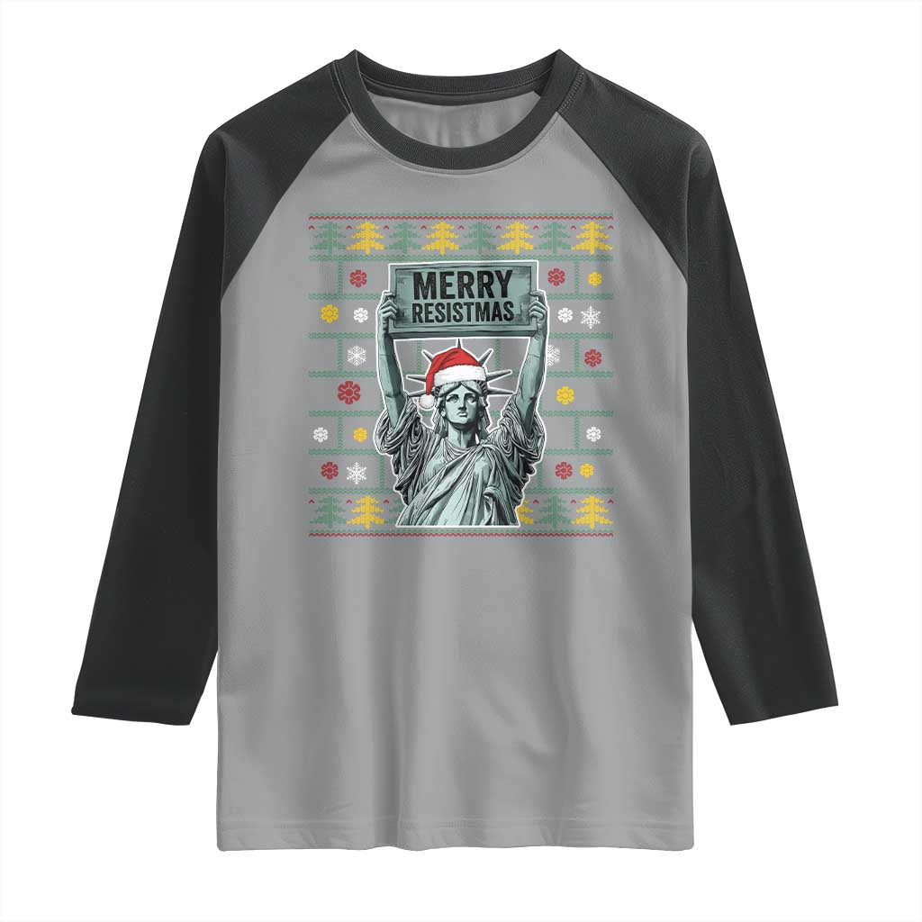 Funny Liberty Statue Ugly Sweater Gift Raglan Shirt Merry Resistmas TS12 Sport Gray Black Print Your Wear