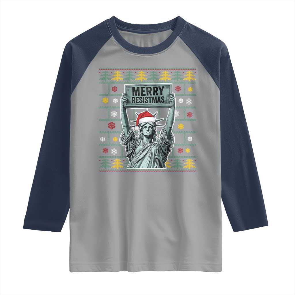 Funny Liberty Statue Ugly Sweater Gift Raglan Shirt Merry Resistmas TS12 Sport Gray Navy Print Your Wear