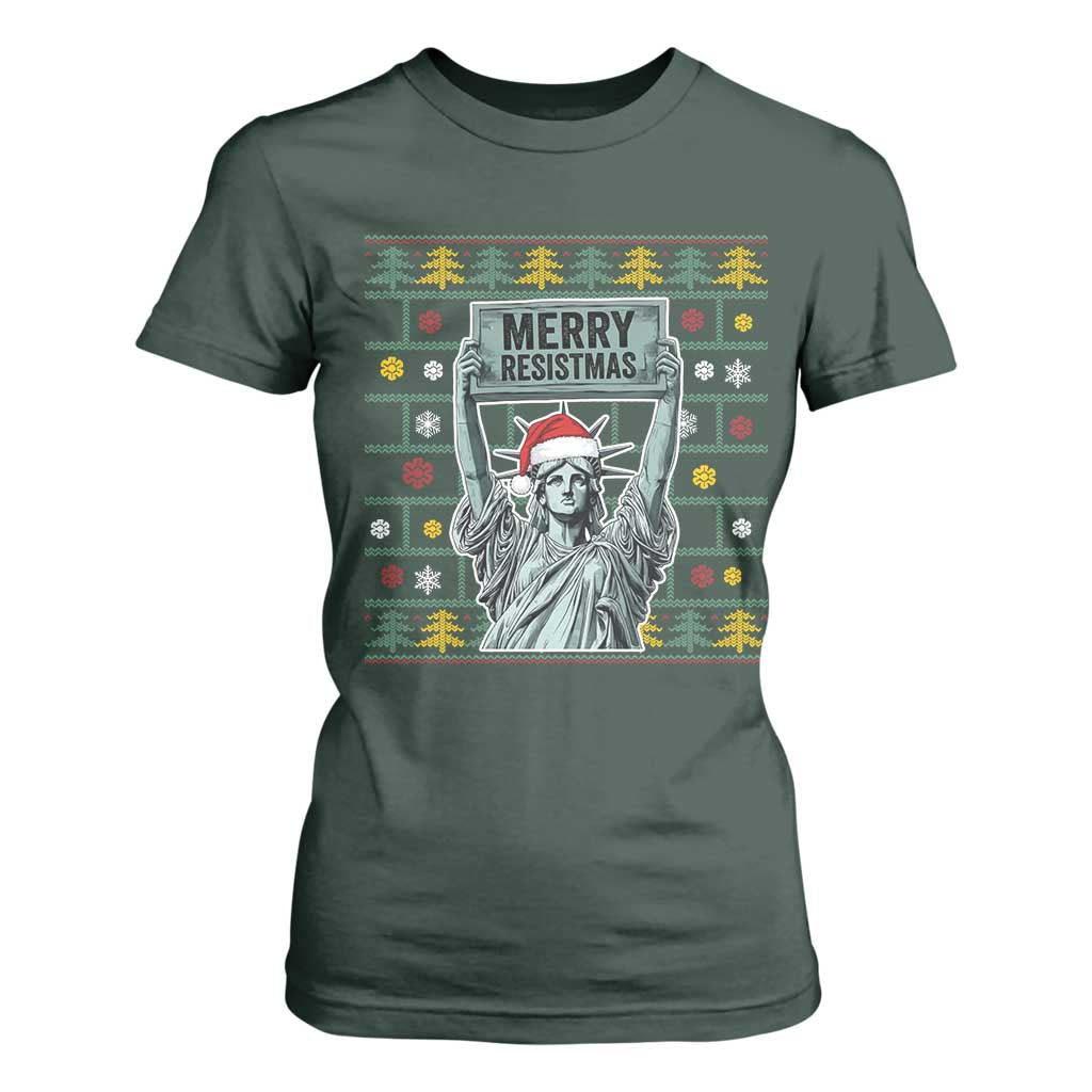 Funny Liberty Statue Ugly Sweater Gift T Shirt For Women Merry Resistmas TS12 Dark Forest Green Print Your Wear