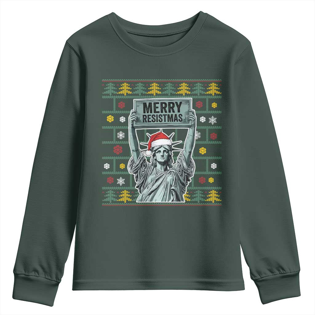 Funny Liberty Statue Ugly Sweater Gift Youth Sweatshirt Merry Resistmas TS12 Dark Forest Green Print Your Wear