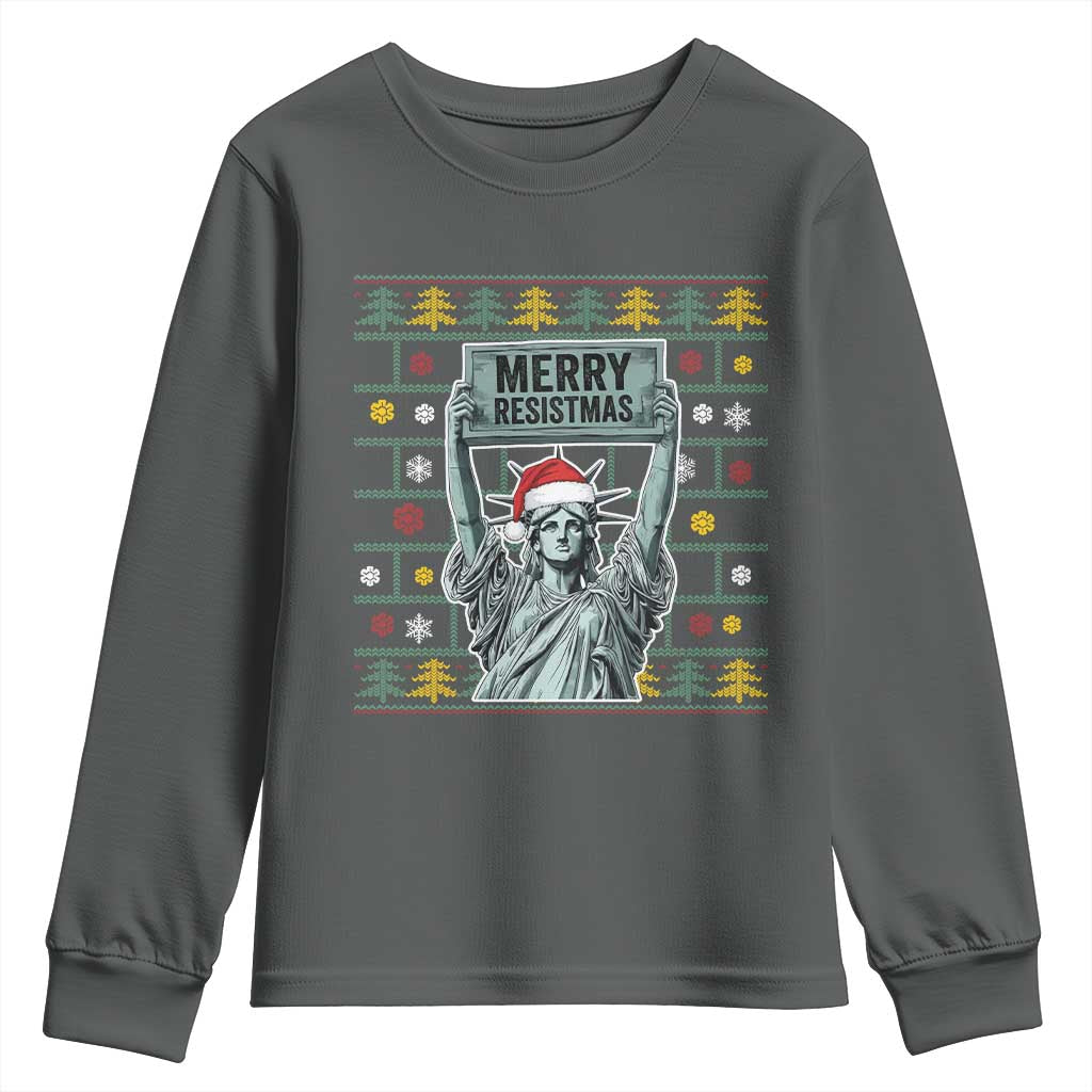 Funny Liberty Statue Ugly Sweater Gift Youth Sweatshirt Merry Resistmas TS12 Dark Heather Print Your Wear