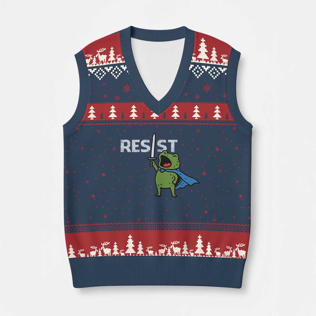 Resist Frog Warrior V-Neck Knit Sweater Vest Funny Rebel Meme Gift - Print Your Wear