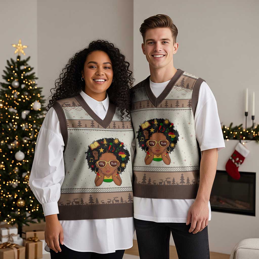 My Roots Black History Culture Pride V-Neck Knit Sweater Vest African American Heritage TS12 Mocha Mousse Print Your Wear