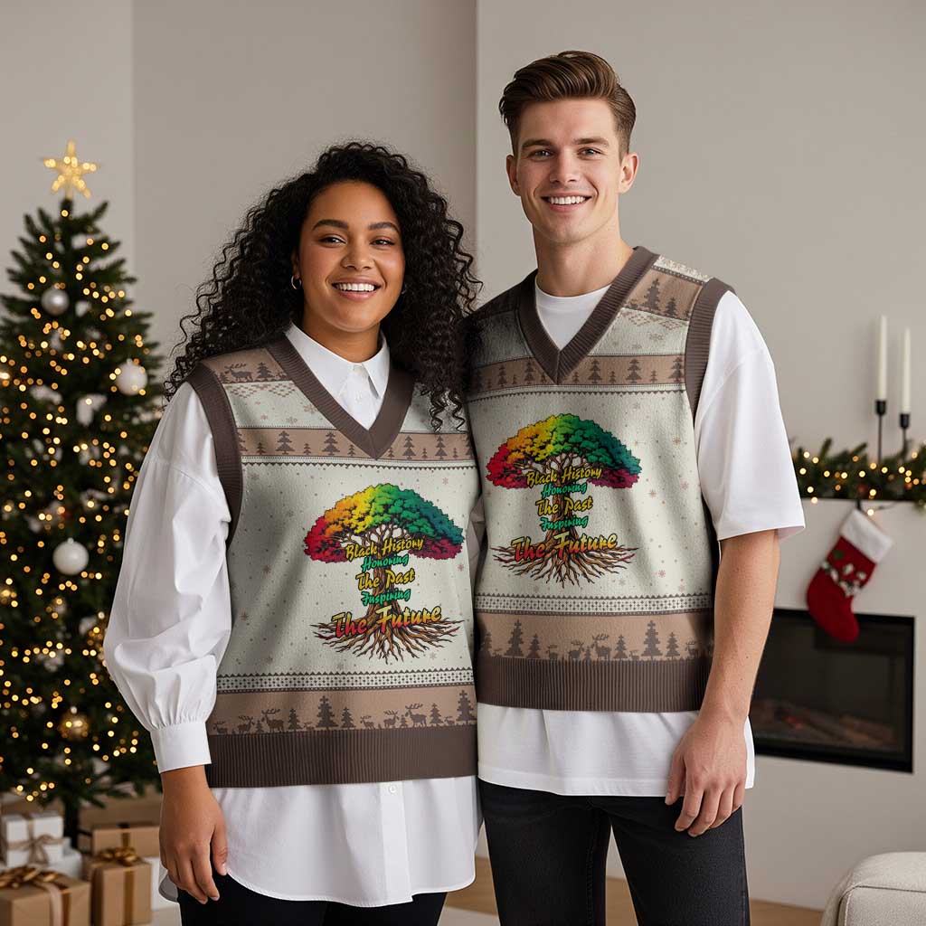 Black History Month Quote V-Neck Knit Sweater Vest Inspiring The Future Honoring The Past TS12 Mocha Mousse Print Your Wear