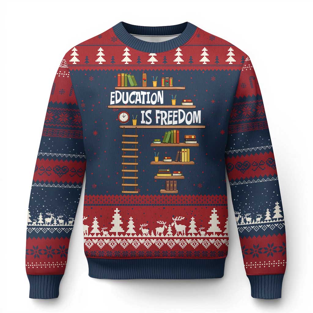 Education Is Freedom Ugly Christmas Sweater African American History Africa Map Books TS12 Navy Red Print Your Wear