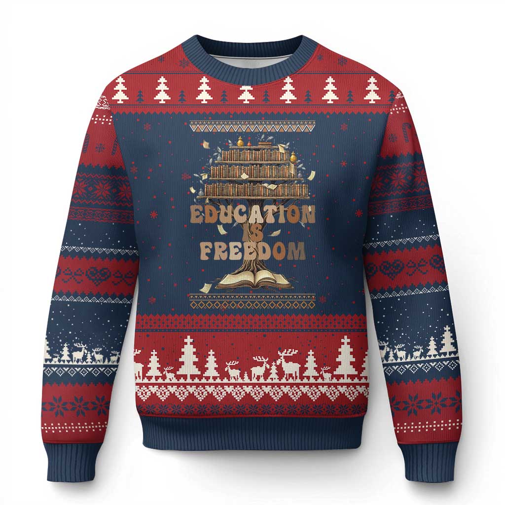 Education Is Freedom Teacher Gift Ugly Christmas Sweater Inspirational Africa Map Book Stack TS12 Navy Red Print Your Wear