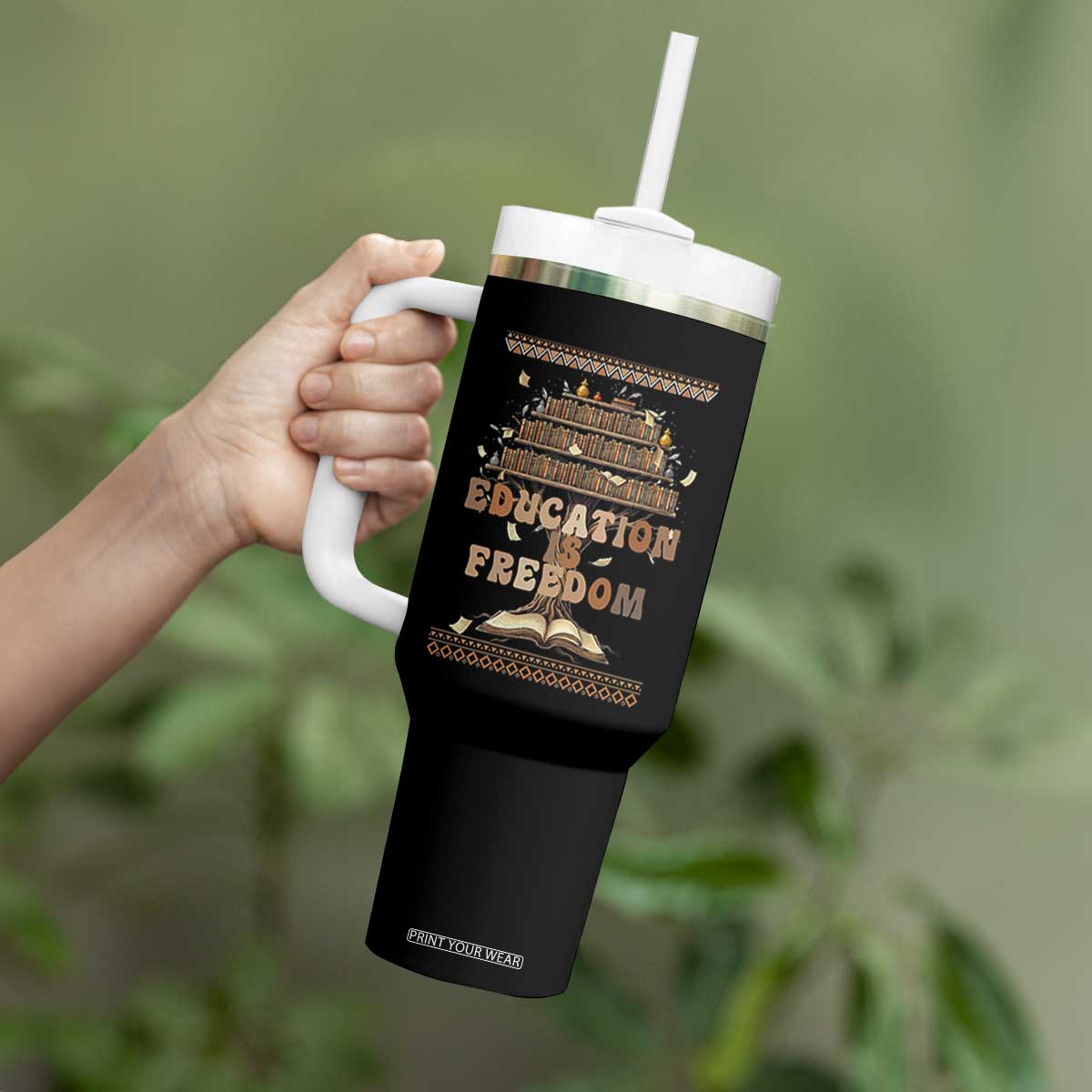 Education Is Freedom Teacher Gift Tumbler With Handle Inspirational Africa Map Book Stack TS12 Print Your Wear