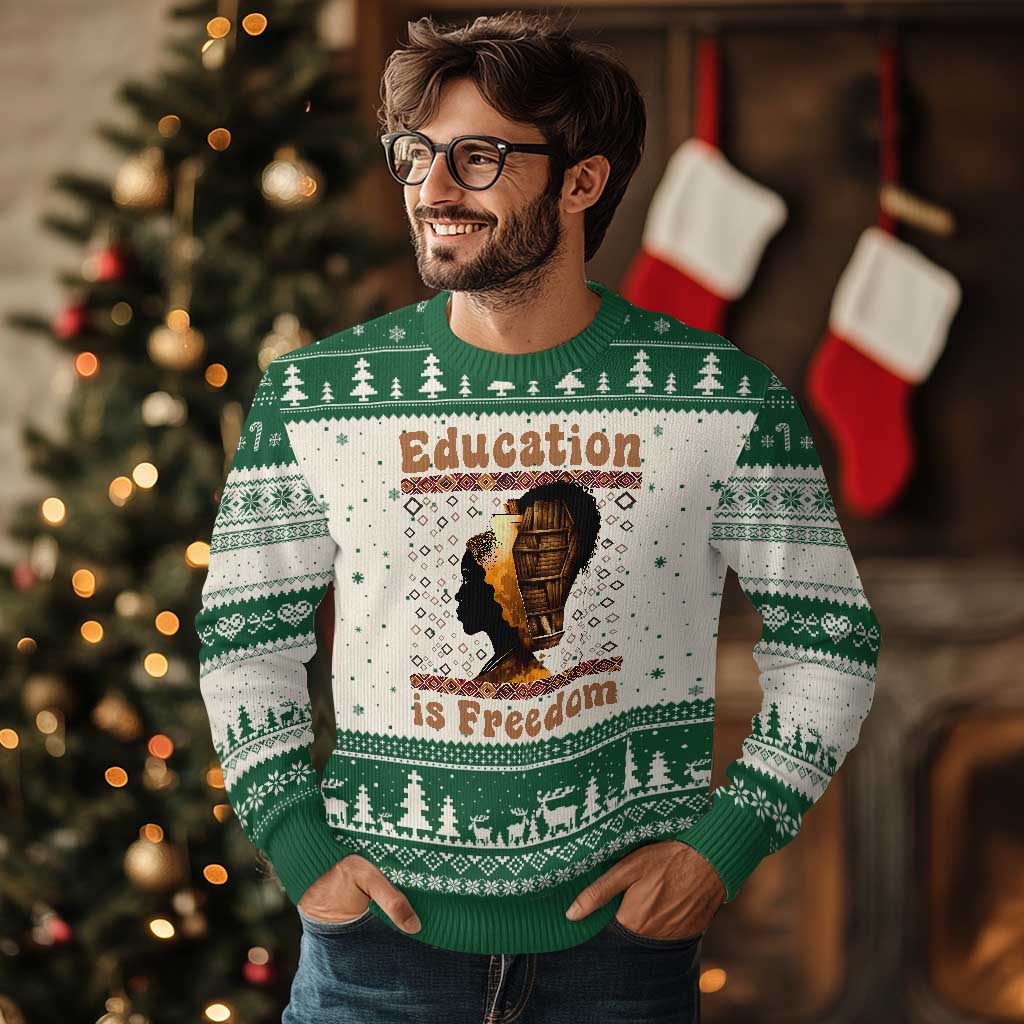 Education Is Freedom Ugly Christmas Sweater Black History Women Teacher Gift TS12 Beige Green Print Your Wear