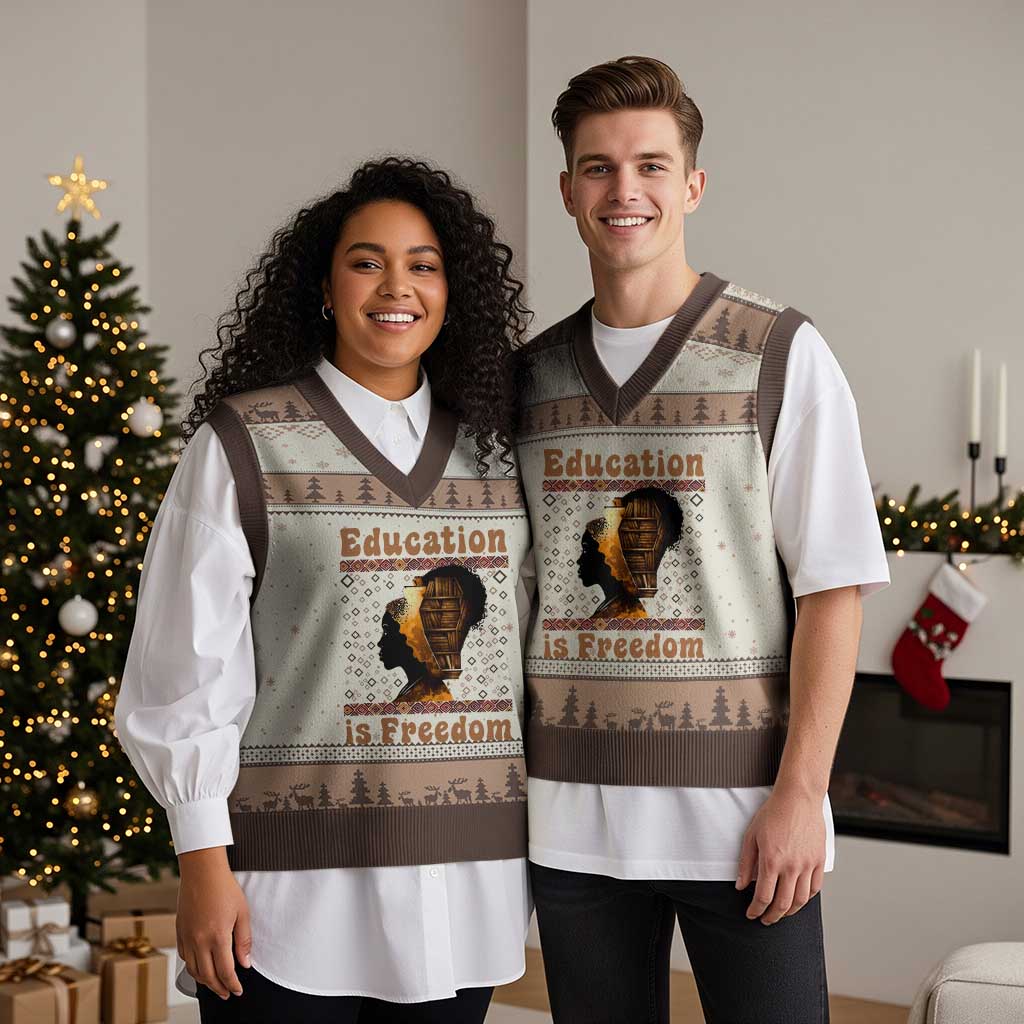 Education Is Freedom V-Neck Knit Sweater Vest Black History Women Teacher Gift TS12 Mocha Mousse Print Your Wear