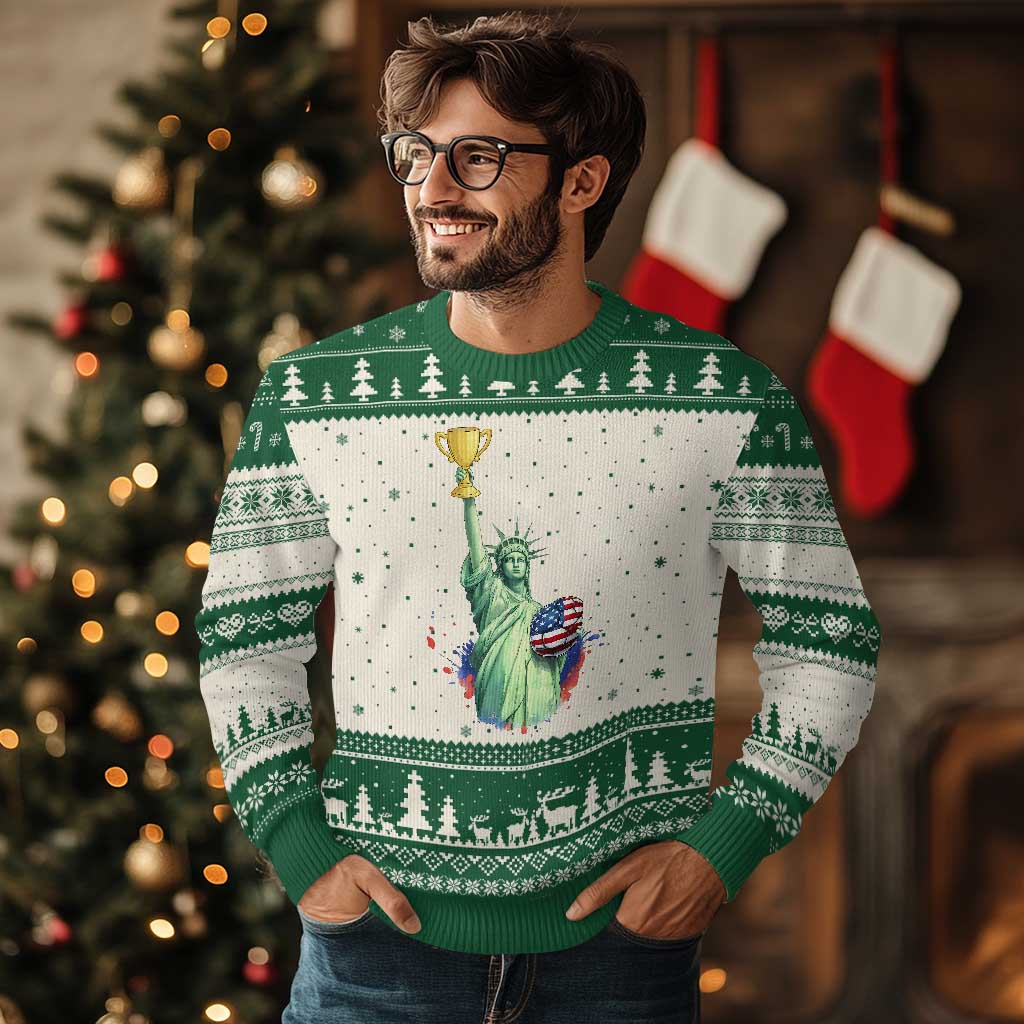 Statue Of Liberty Soccer Cup Ugly Christmas Sweater USA Soccer Lover Gift TS12 Beige Green Print Your Wear