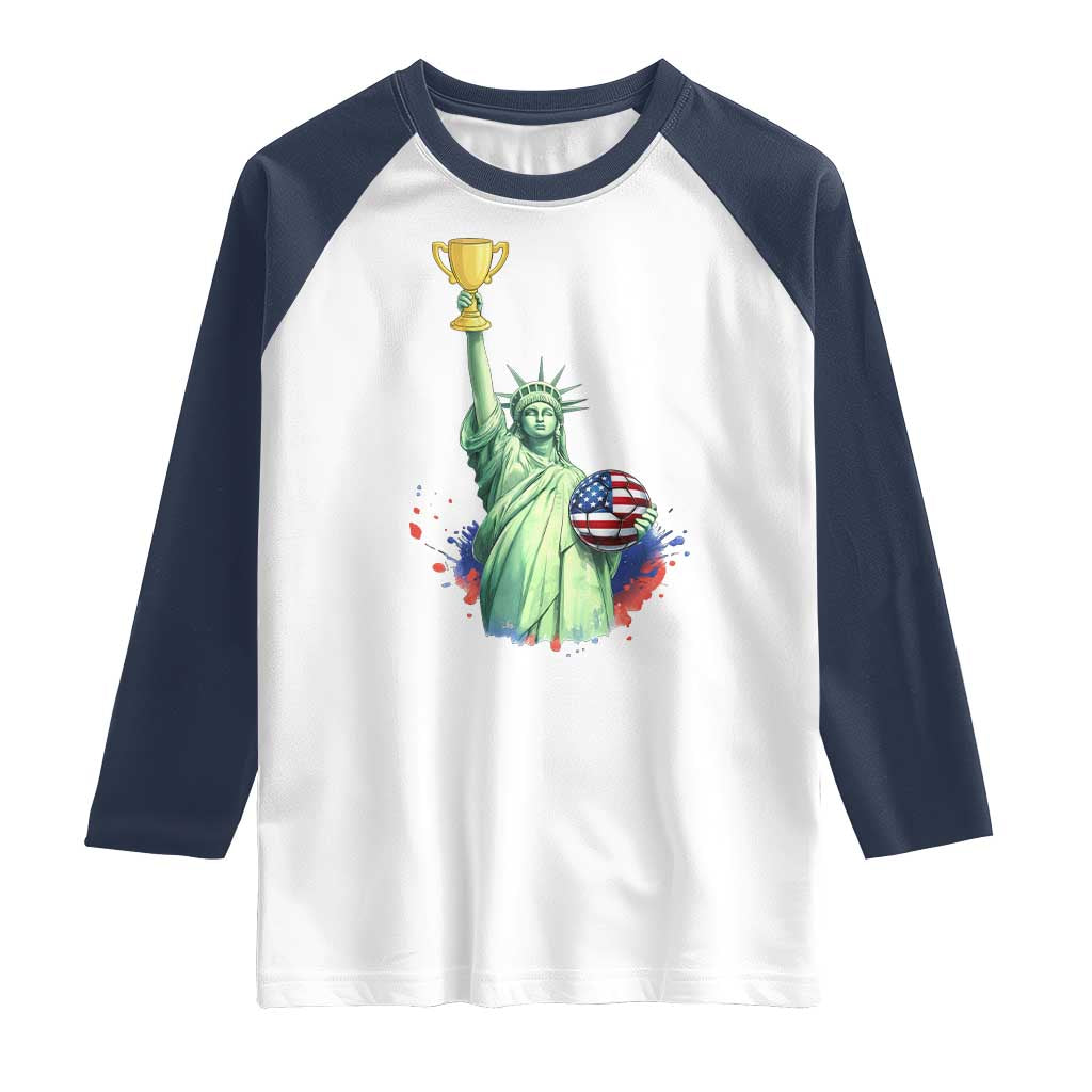 Statue Of Liberty Soccer Cup Raglan Shirt USA Soccer Lover Gift TS12 White Navy Print Your Wear