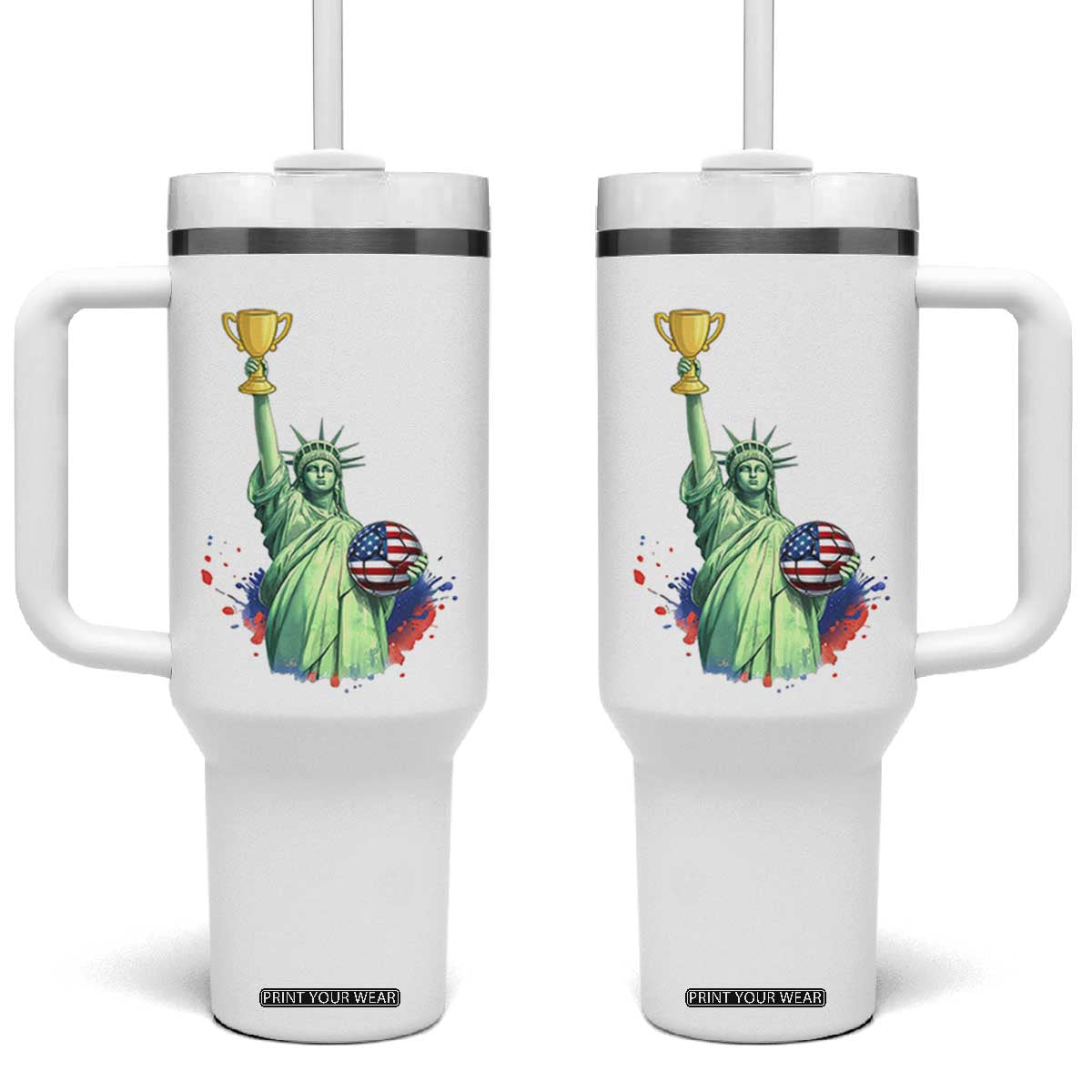 Statue Of Liberty Soccer Cup Tumbler With Handle USA Soccer Lover Gift TS12 One Size: 40 oz White Print Your Wear