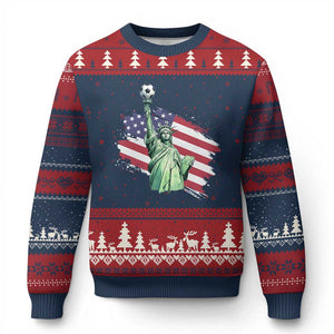 Statue Of Liberty Soccer Lover Ugly Christmas Sweater New Yorker Fan Gift TS12 Navy Red Print Your Wear