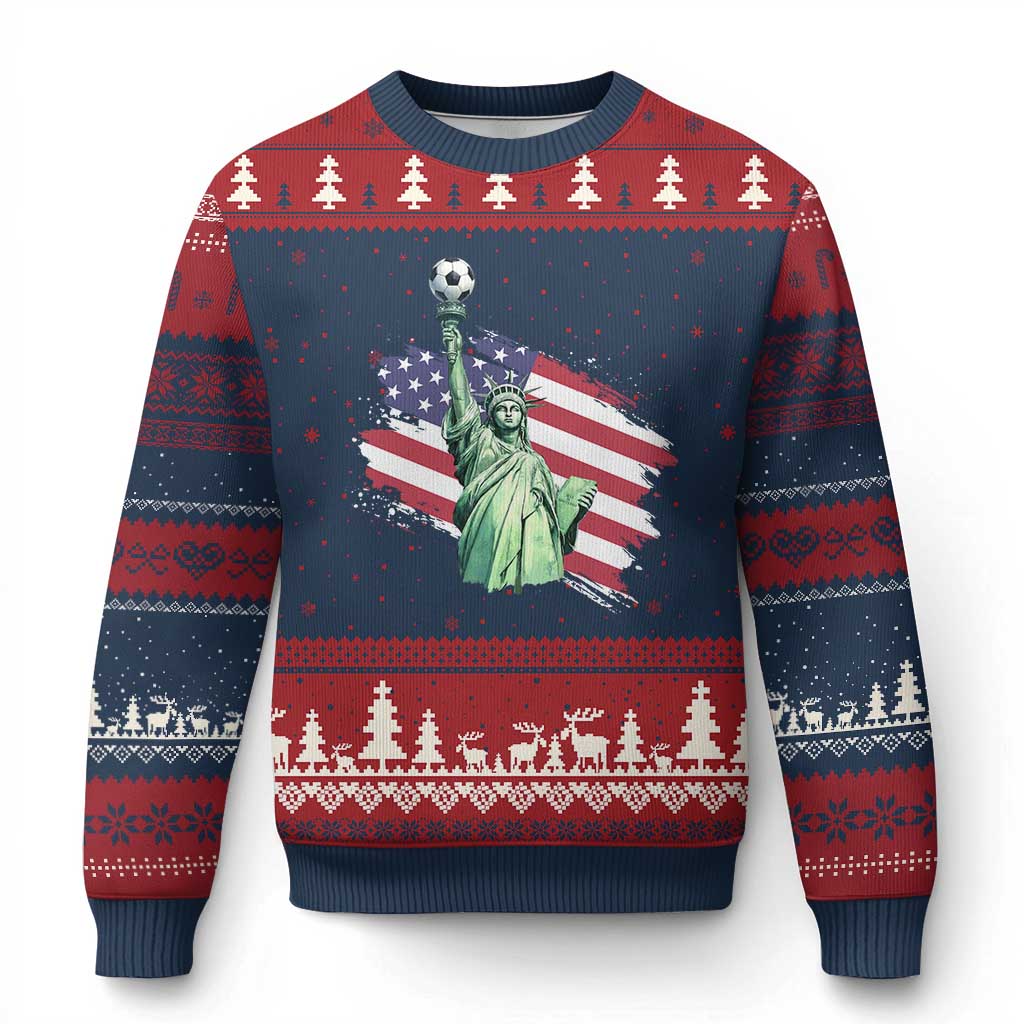 Statue Of Liberty Soccer Lover Ugly Christmas Sweater New Yorker Fan Gift TS12 Navy Red Print Your Wear