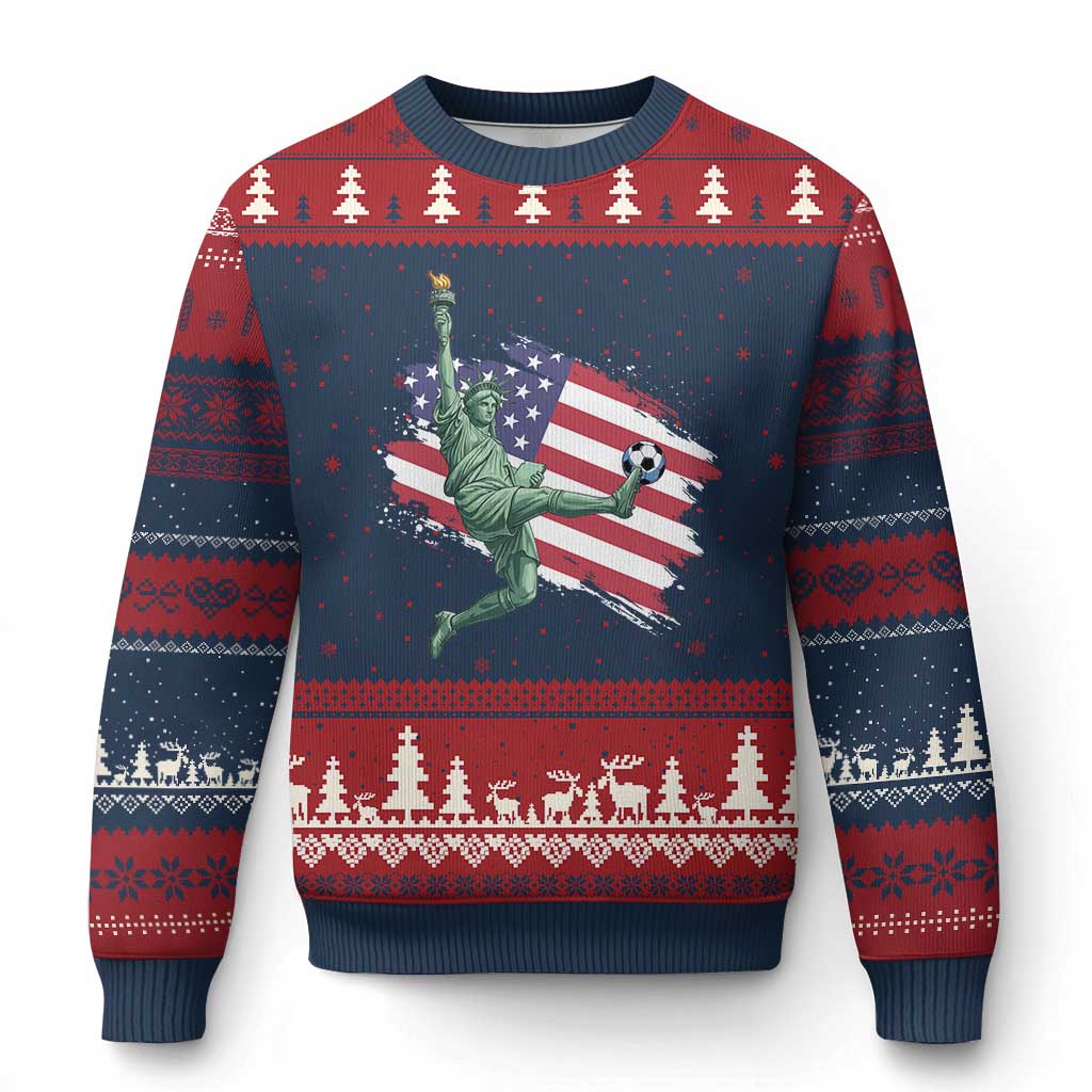 Funny Statue Of Liberty Playing Soccer Ugly Christmas Sweater New Yorker Fan Gift TS12 Navy Red Print Your Wear