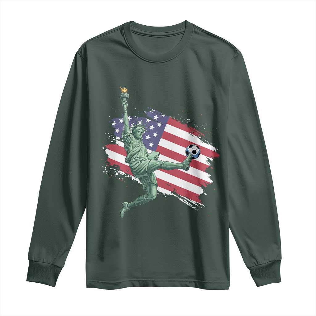 Funny Statue Of Liberty Playing Soccer Long Sleeve Shirt New Yorker Fan Gift TS12 Dark Forest Green Print Your Wear