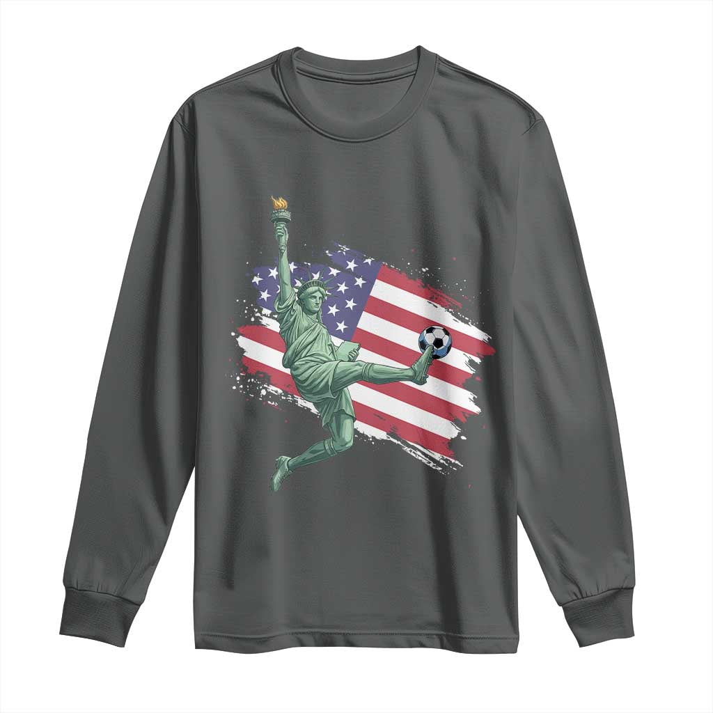 Funny Statue Of Liberty Playing Soccer Long Sleeve Shirt New Yorker Fan Gift TS12 Dark Heather Print Your Wear