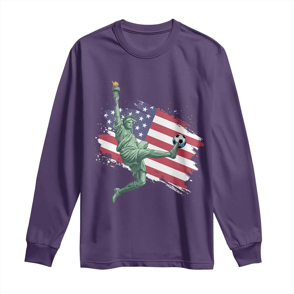 Funny Statue Of Liberty Playing Soccer Long Sleeve Shirt New Yorker Fan Gift TS12 Purple Print Your Wear