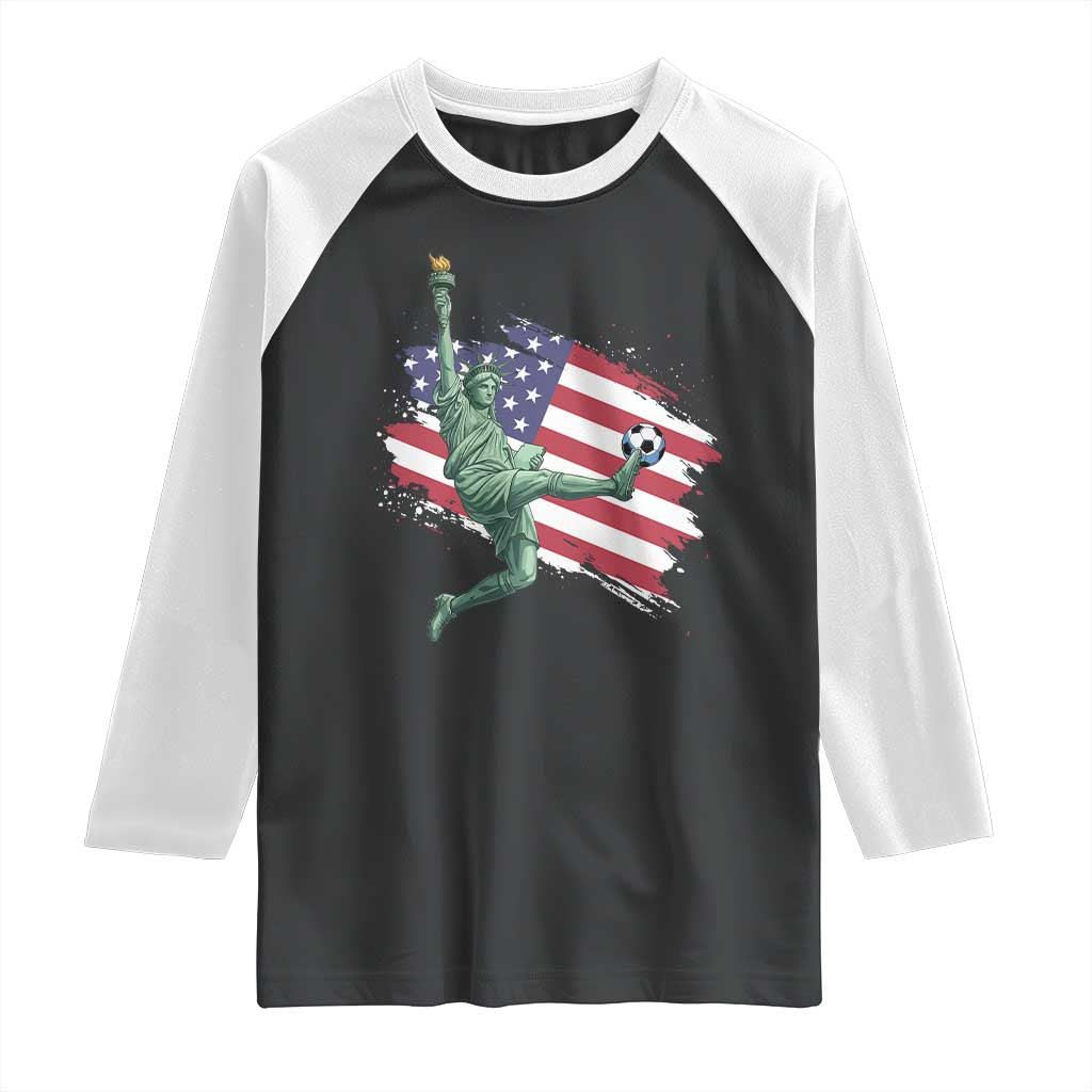Funny Statue Of Liberty Playing Soccer Raglan Shirt New Yorker Fan Gift TS12 Black White Print Your Wear