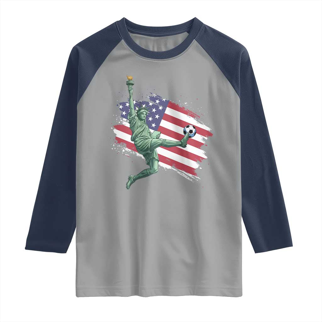 Funny Statue Of Liberty Playing Soccer Raglan Shirt New Yorker Fan Gift TS12 Sport Gray Navy Print Your Wear