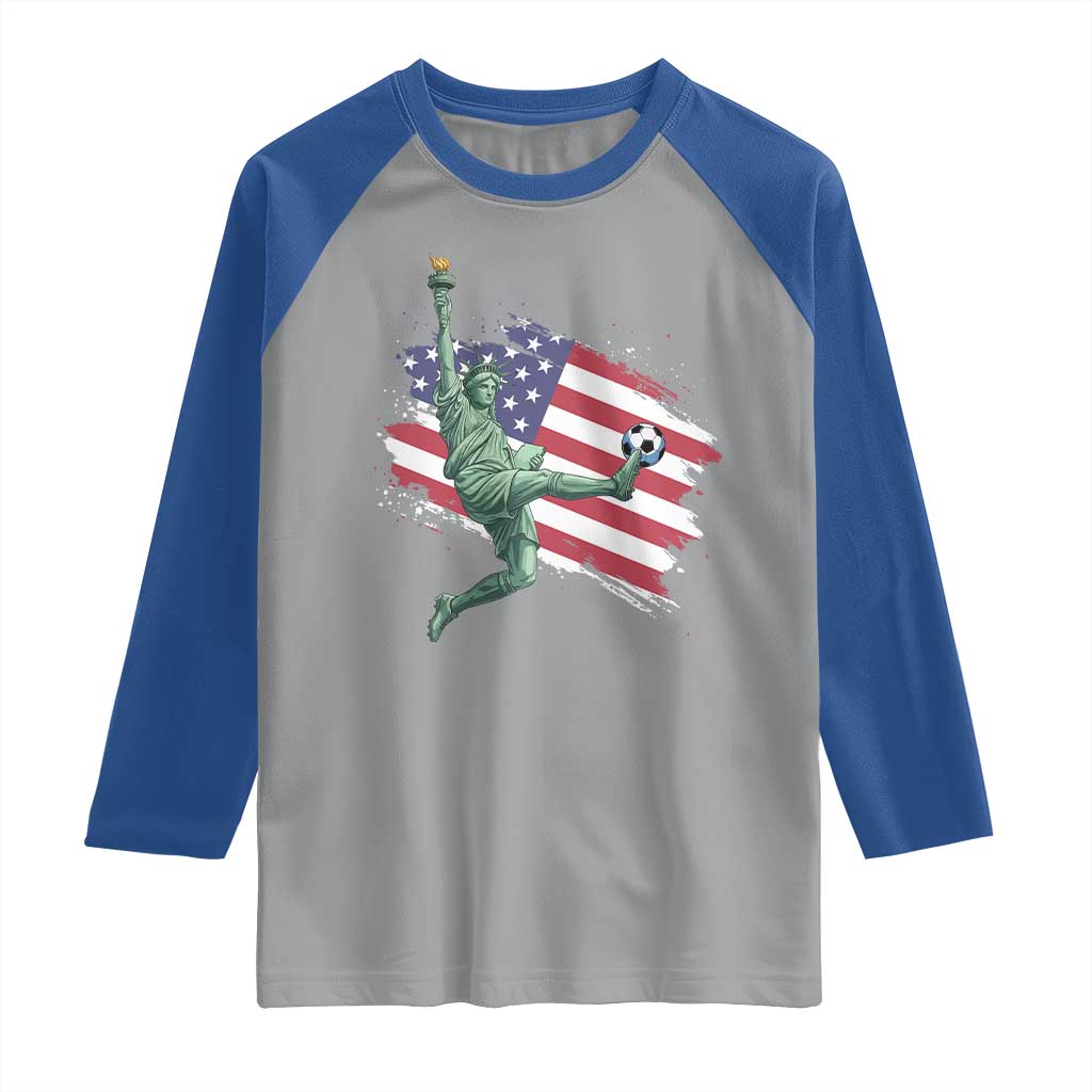 Funny Statue Of Liberty Playing Soccer Raglan Shirt New Yorker Fan Gift TS12 Sport Gray Royal Print Your Wear