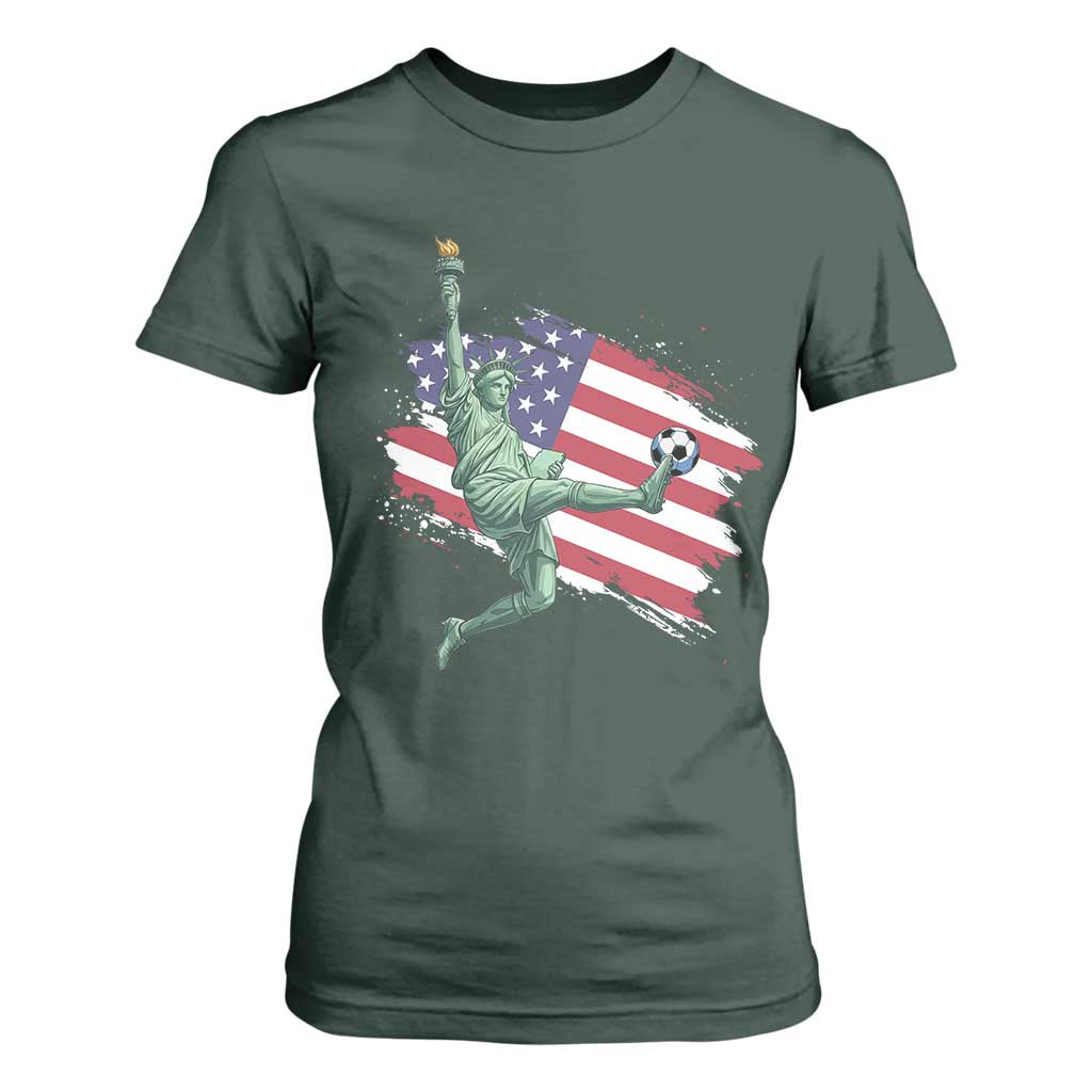 Funny Statue Of Liberty Playing Soccer T Shirt For Women New Yorker Fan Gift TS12 Dark Forest Green Print Your Wear