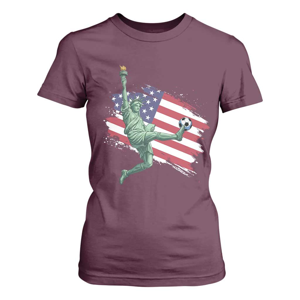 Funny Statue Of Liberty Playing Soccer T Shirt For Women New Yorker Fan Gift TS12 Maroon Print Your Wear