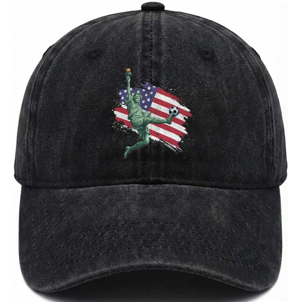 Funny Statue Of Liberty Playing Soccer Washed Cotton Baseball Cap New Yorker Fan Gift TS12 Washed Cap Universal Fit Black Print Your Wear