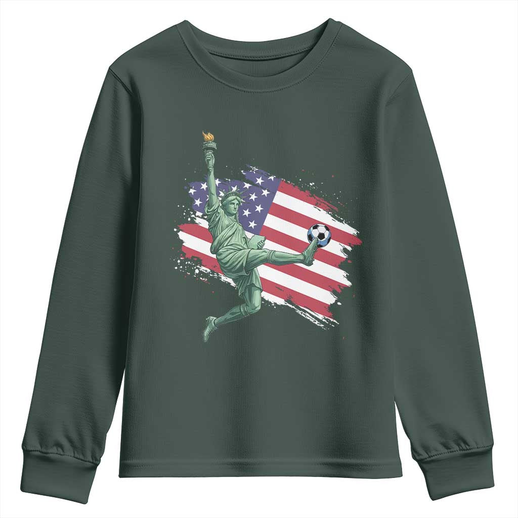 Funny Statue Of Liberty Playing Soccer Youth Sweatshirt New Yorker Fan Gift TS12 Dark Forest Green Print Your Wear